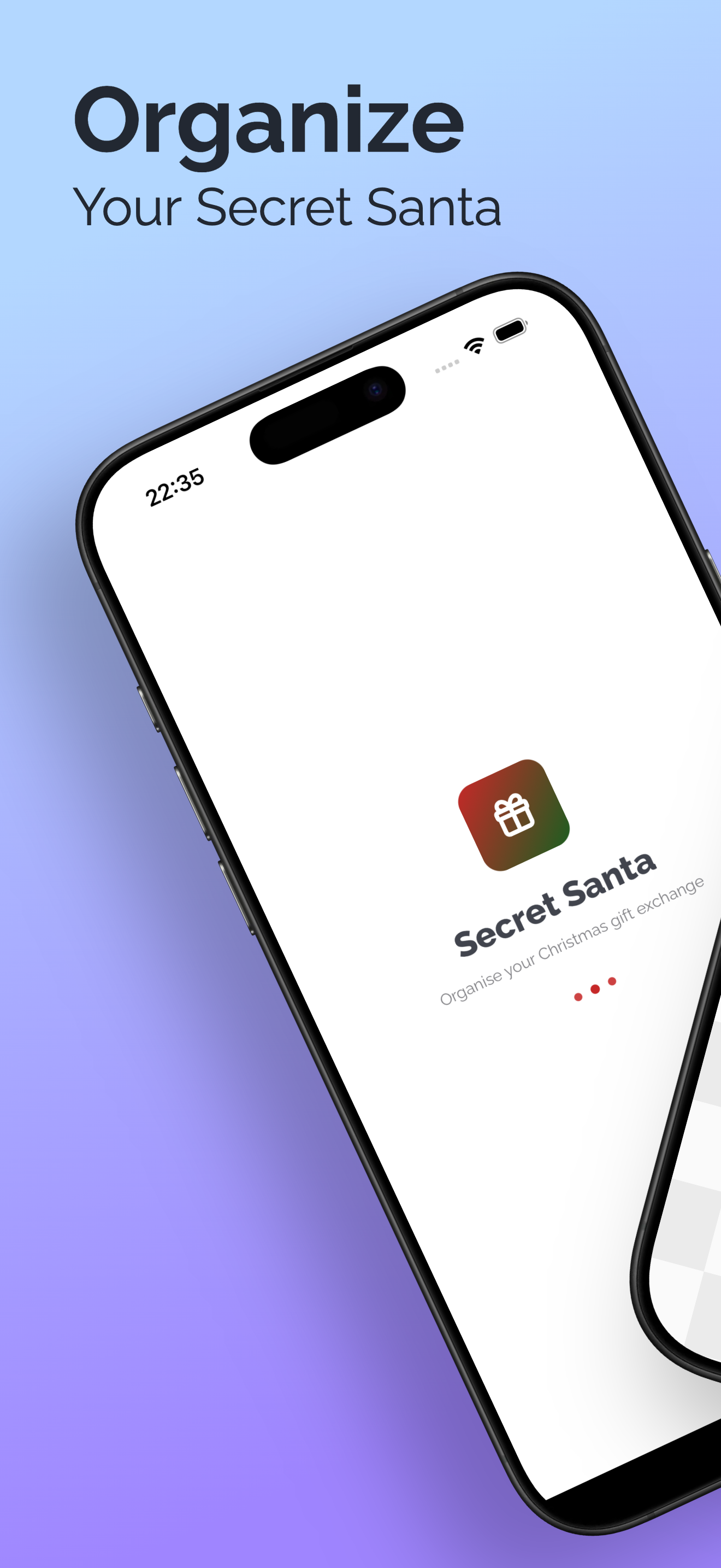 Secret Santa Raffle app splash screen for iOS and Android