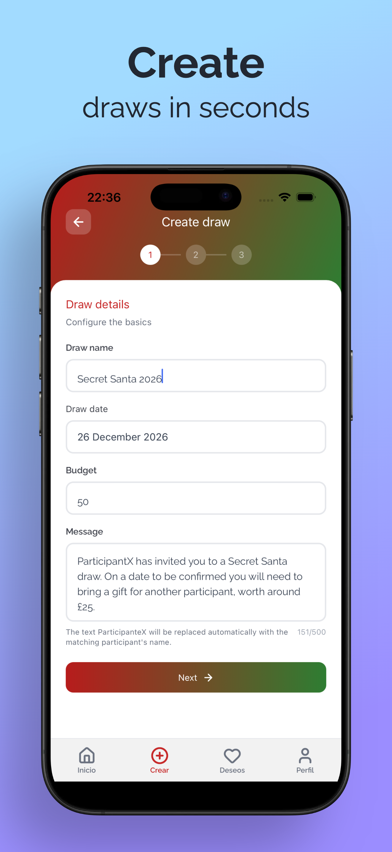 Create a draw in seconds with the Secret Santa Raffle app