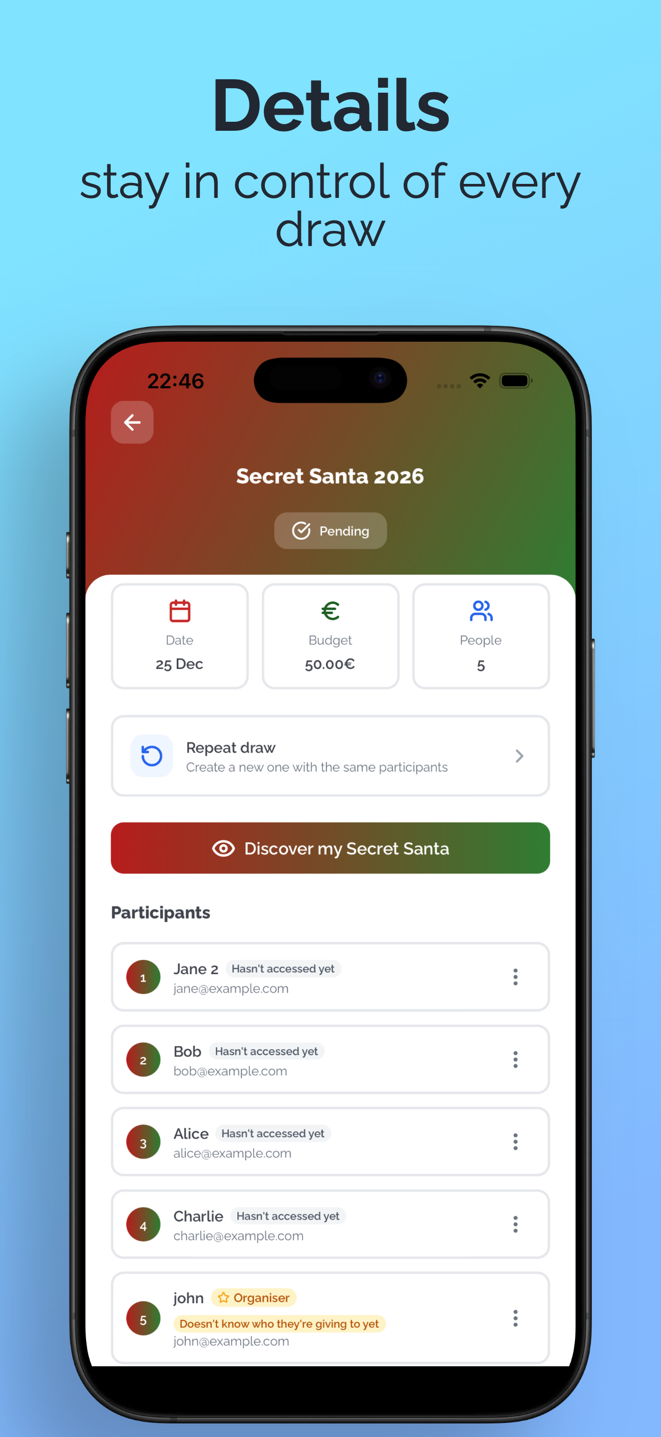 Draw details with participants in the Secret Santa Raffle app