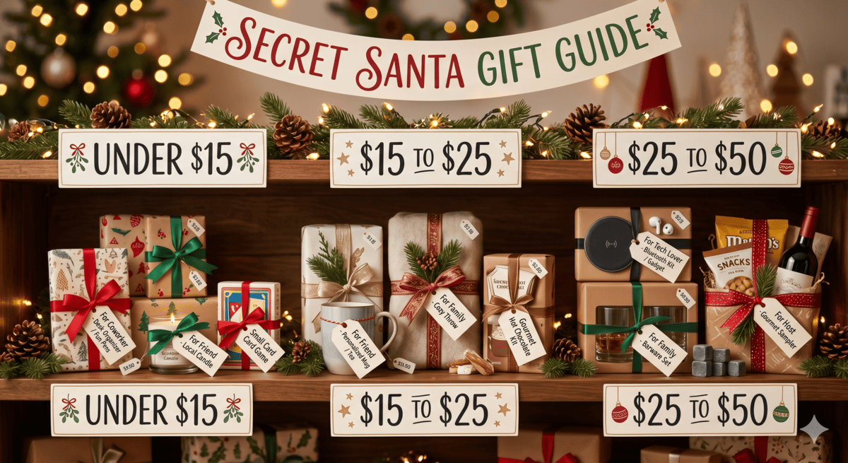 Wrapped Secret Santa gifts arranged by budget with price tags and holiday decorations